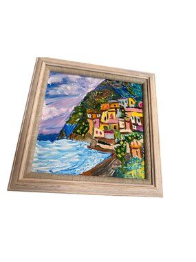 Artisan Coastal Painting Signed  Artwork Mediterranean Village Scene beach home